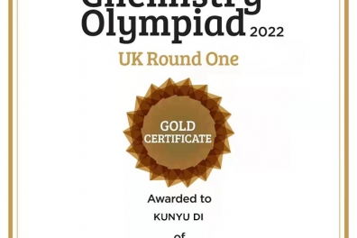 Di Kunyu won the global gold medal of the 2022 British chemical Olympiad (ukcho)